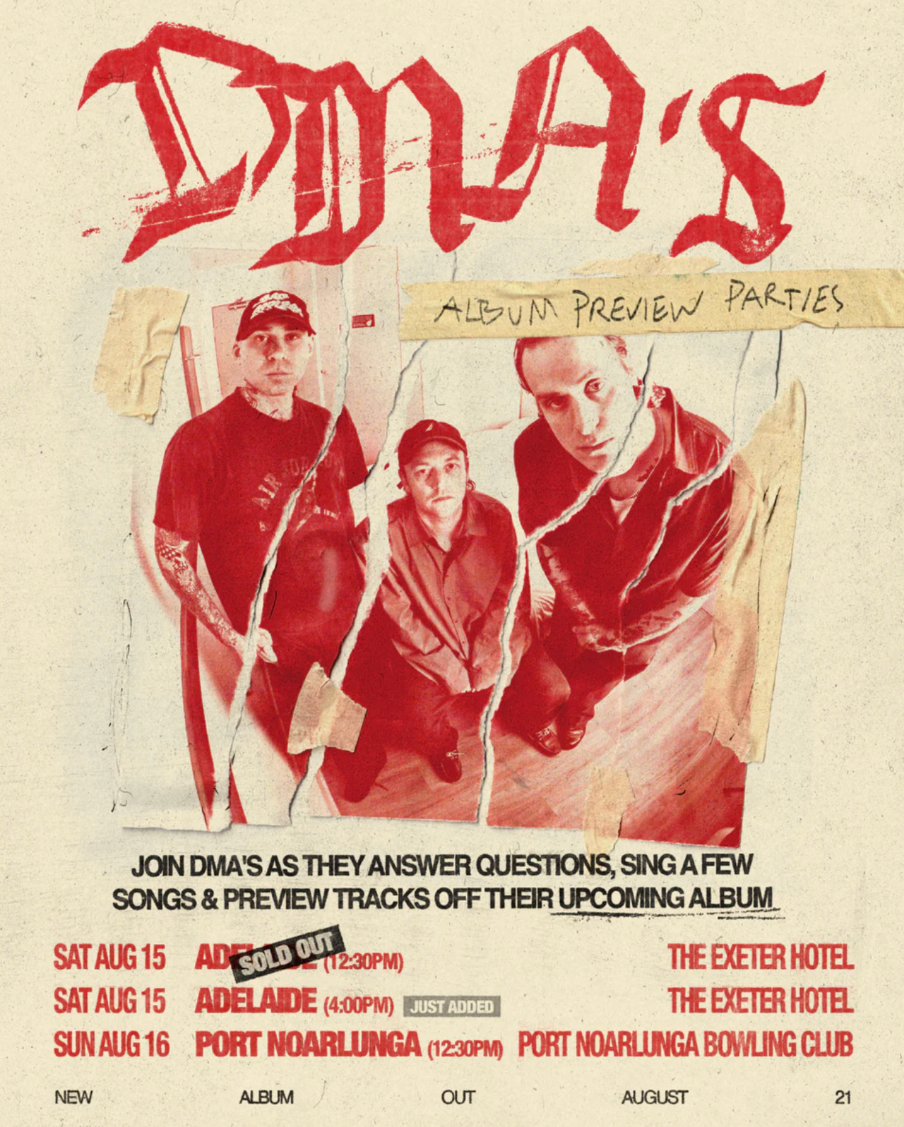 Tour poster for DMA'S Album Preview Parties in August featuring torn-paper band photos and show dates in Adelaide and Port Noarlunga.